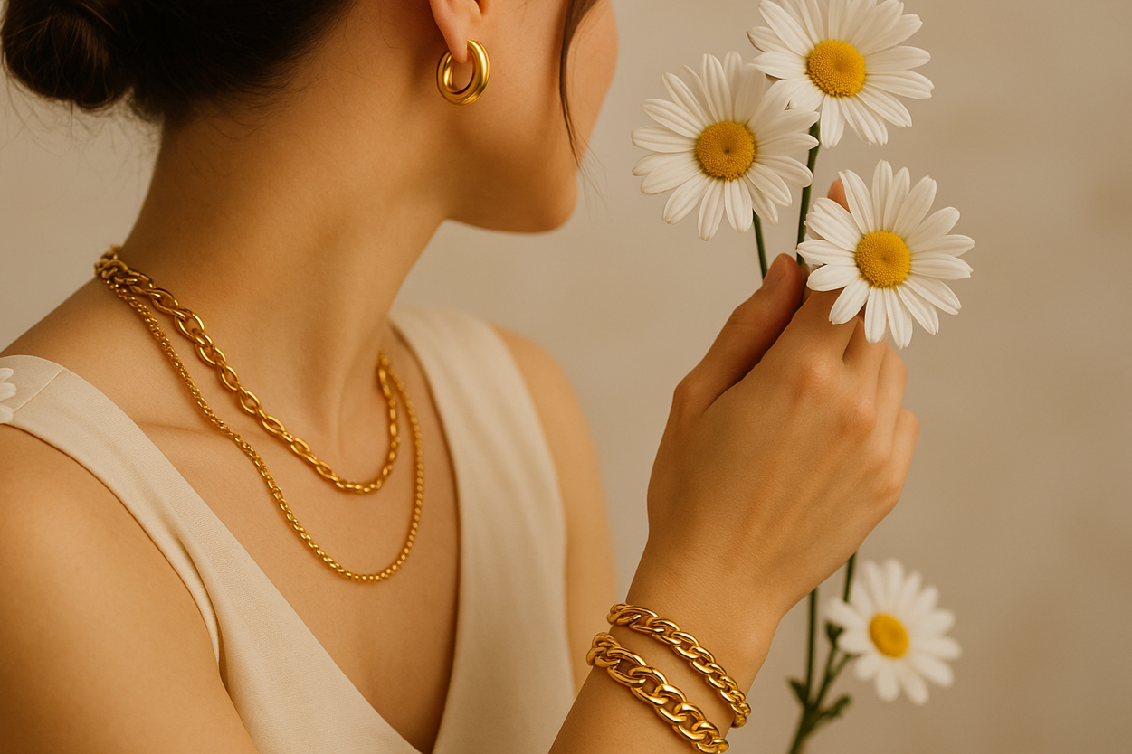 foto de mujer modelando joyeria en acero inoxidable en oro que no se le vea el rostro y tenga flor de margarita